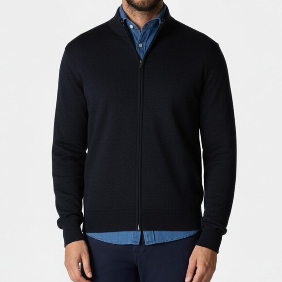 Brooks Brothers Merino Wool Full Zip Sweater Navy Blue Preppy Italian - Picture 1 of 12